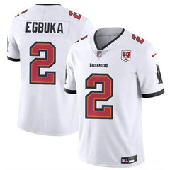Youth Tampa Bay Buccaneers #2 Emeka Egbuka White 50th Anniversary Patch Vapor Untouchable Limited Stitched Football Jersey 
