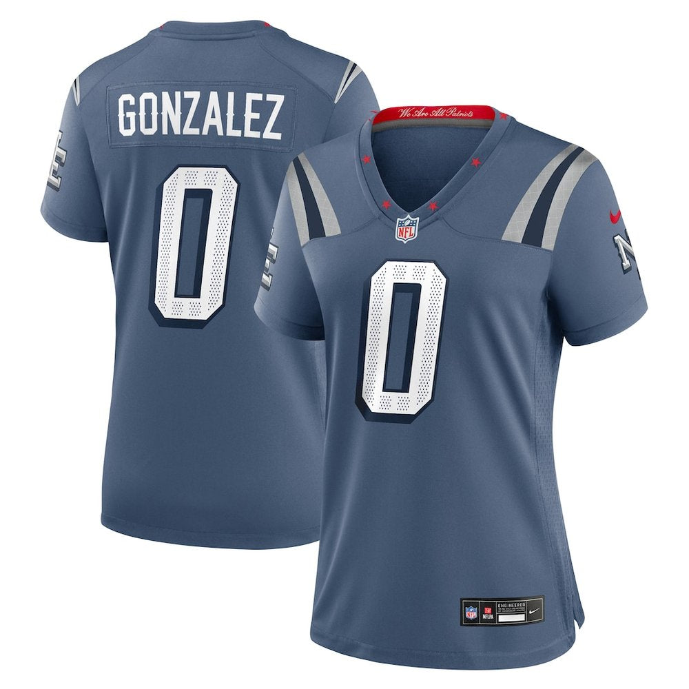 Women's New England Patriots #0 Christian Gonzalez Blue Rivalries Collection Game Jersey 