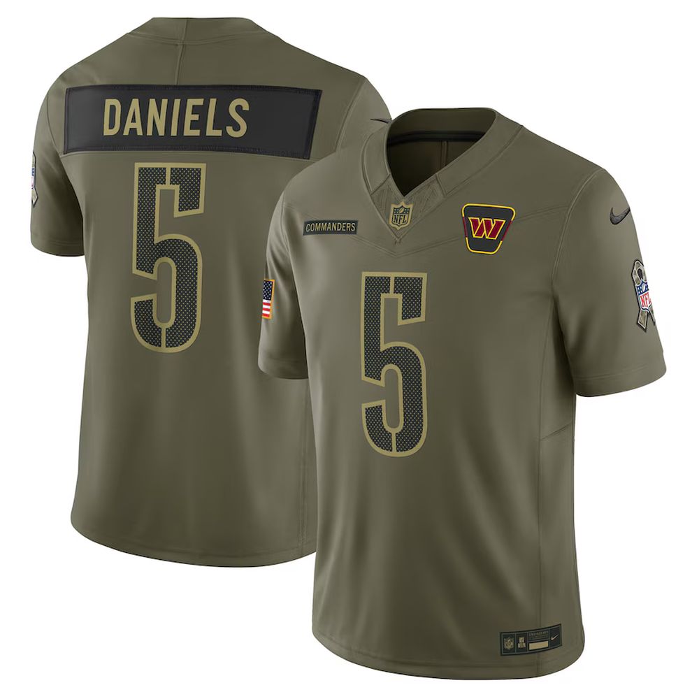 Men's Washington Commanders #5 Jayden Daniels Olive 2025 Salute to Service Limited Jersey 
