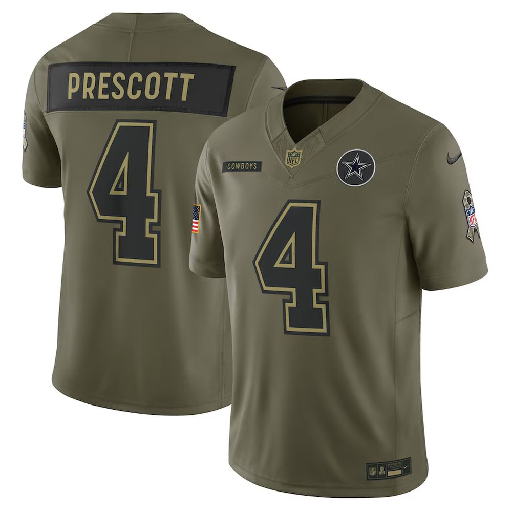 Men's Dallas Cowboys #4 Dak Prescott Olive 2025 Salute to Service Limited Jersey 