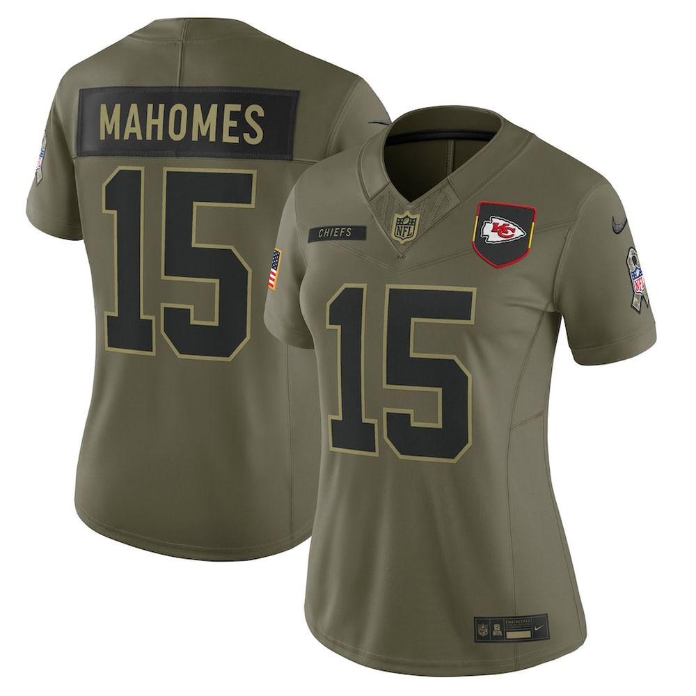 Women's Kansas City Chiefs #15 Patrick Mahomes Olive 2025 Salute to Service Limited Jersey 