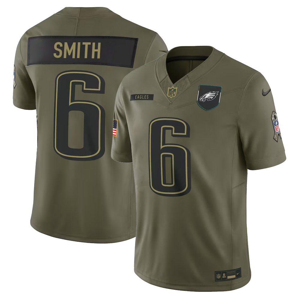 Men's Philadelphia Eagles #6 DeVonta Smith Olive 2025 Salute to Service Retired Limited Jersey 