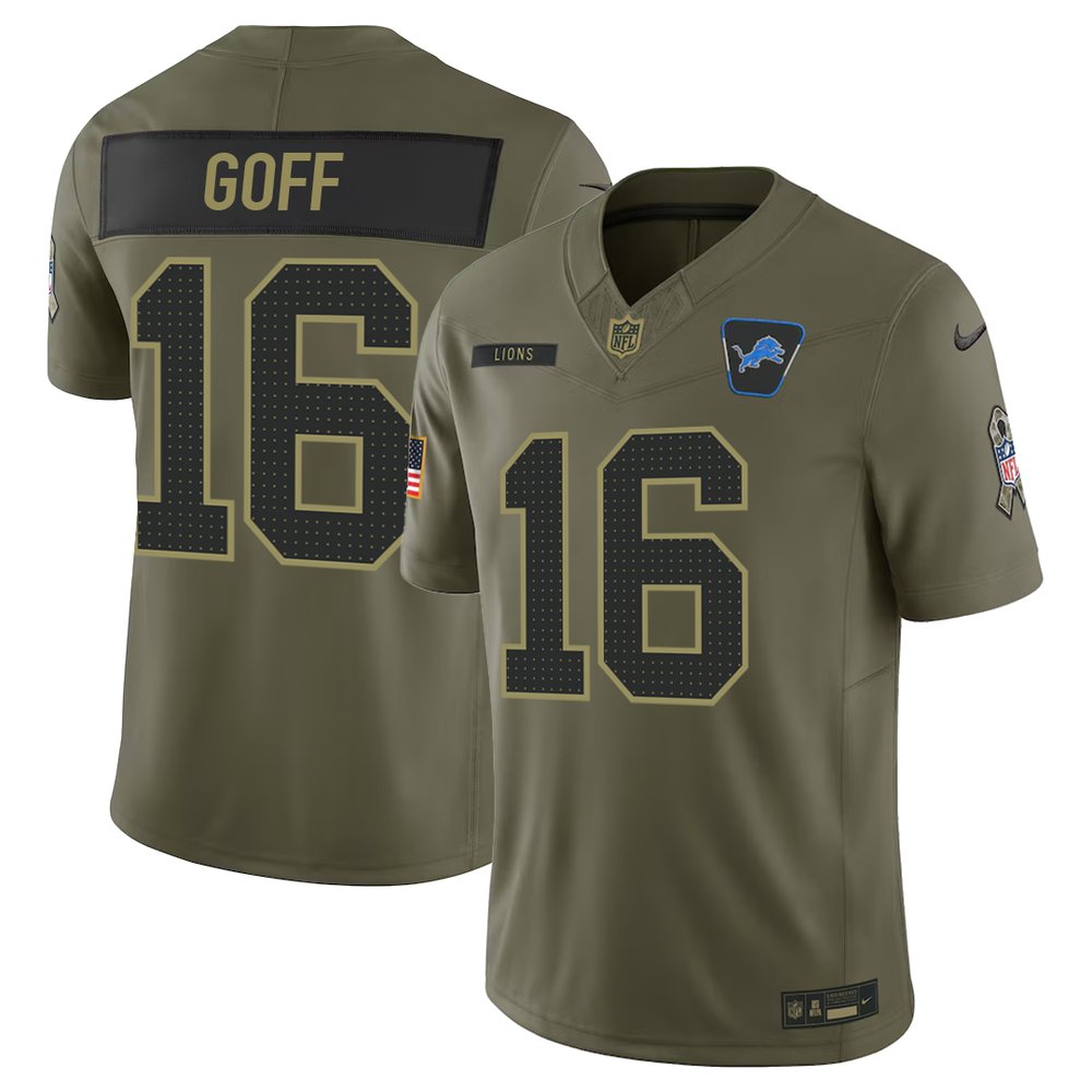 Men's Detroit Lions #16 Jared Goff Olive 2025 Salute to Service Retired Limited Jersey 