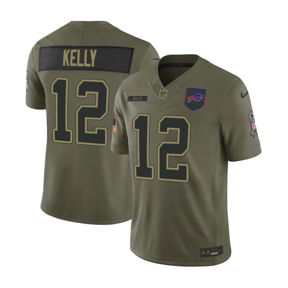 Youth's Buffalo Bills #12 Jim Kelly Olive 2025 Salute to Service Retired Limited Jersey 