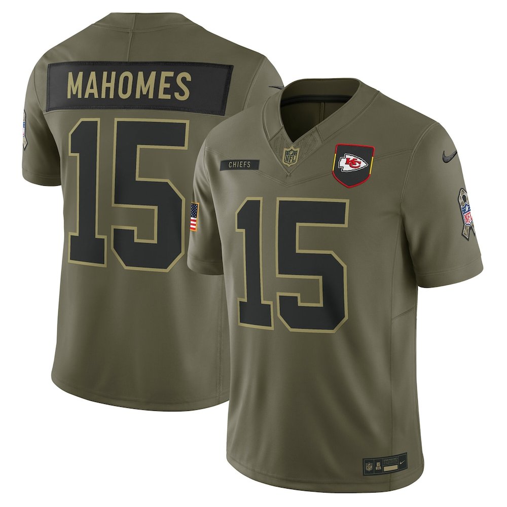 Youth's Kansas City Chiefs #15 Patrick Mahomes Olive 2025 Salute to Service Retired Limited Jersey 