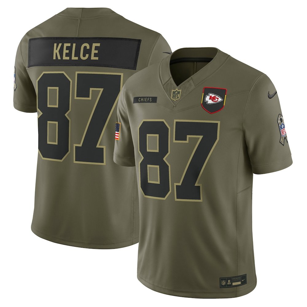 Youth's Kansas City Chiefs #87 Travis Kelce Olive 2025 Salute to Service Retired Limited Jersey 