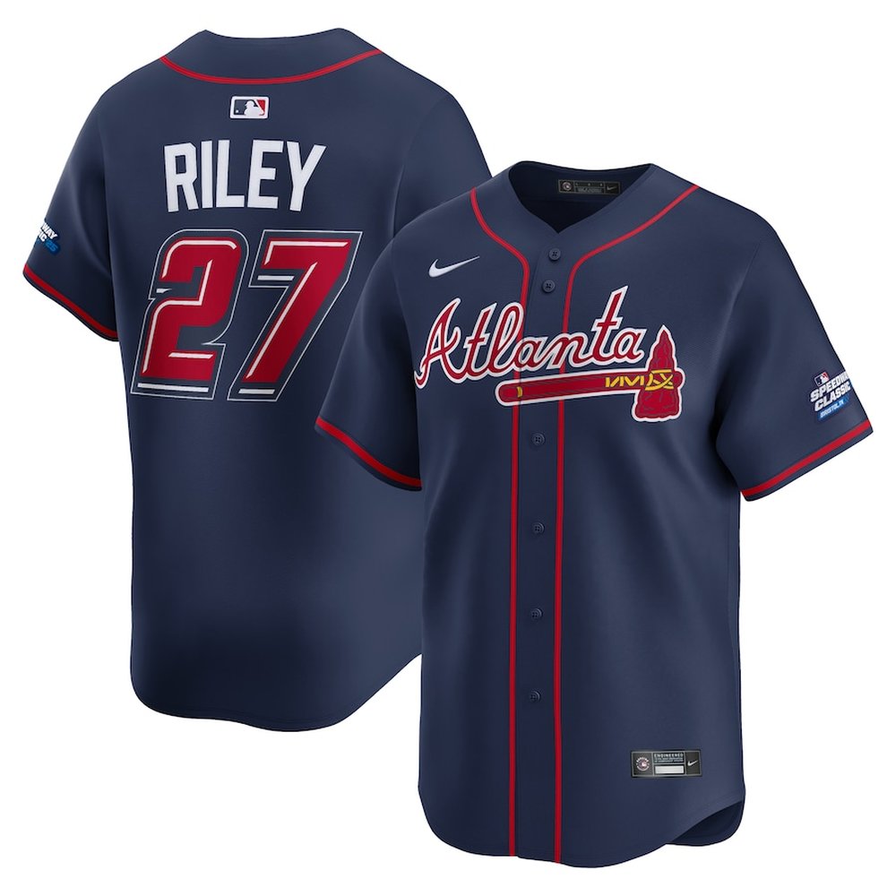 Youth Atlanta Braves #27 Austin Riley Navy 2025 MLB Speedway Classic Alternate Limited Player Jersey
