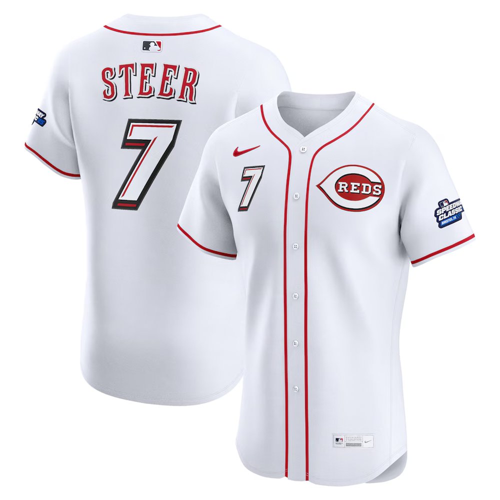 Youth Cincinnati Reds #7 Spencer Steer White 2025 MLB Speedway Classic Home Elite Player Jersey