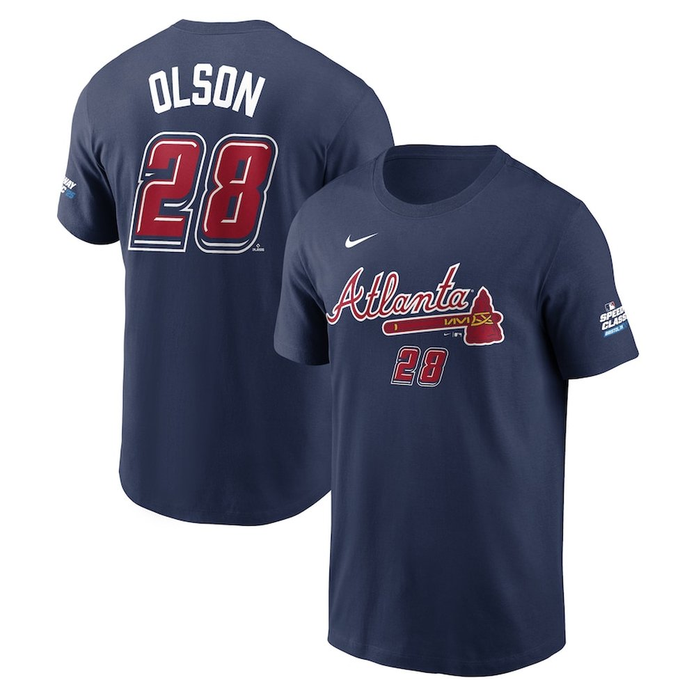 Men's Atlanta Braves #28 Matt Olson Navy 2025 MLB Speedway Classic Name & Number T-Shirt