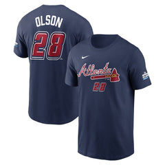 Men's Atlanta Braves #28 Matt Olson Navy 2025 MLB Speedway Classic Name & Number T-Shirt