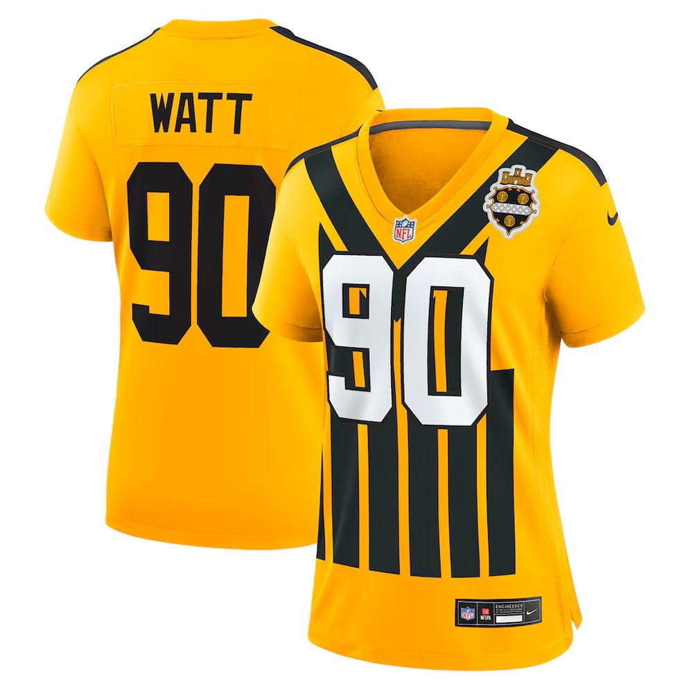 Women's Pittsburgh Steelers #90 T.J. Watt Gold Alternate 1933 Throwback Game Jersey 