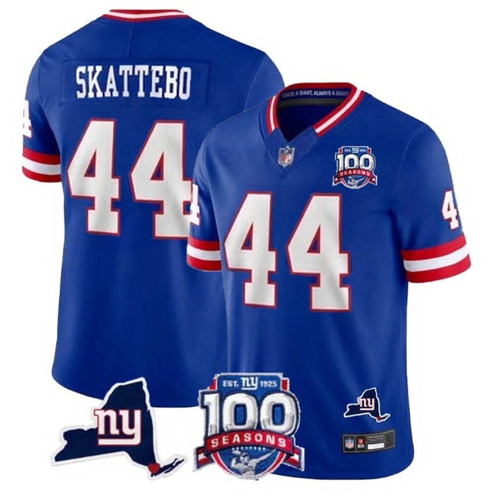 Men's New York Giants #44 Cam Skattebo Royal Vapor Untouchable Classic Retired Player 100TH Season Commemorative Patch Stitched Jersey 