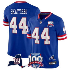 Men's New York Giants #44 Cam Skattebo Royal Vapor Untouchable Classic Retired Player 100TH Season Commemorative Patch Stitched Jersey 