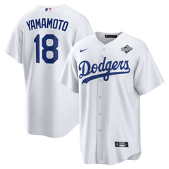 Men's Los Angeles Dodgers #18 Yoshinobu Yamamoto White 2025 World Series Home Replica Player Jersey