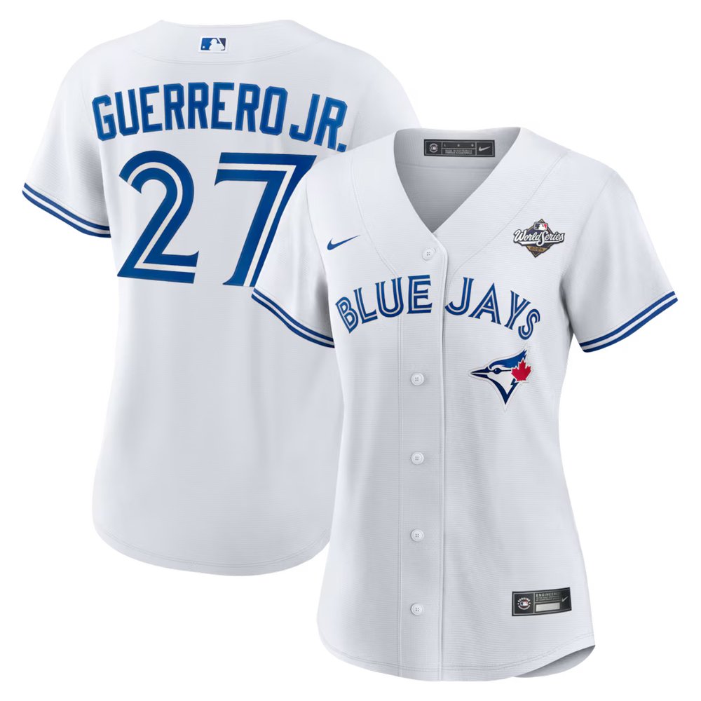 Women's Toronto Blue Jays #27 Vladimir Guerrero Jr. White 2025 World Series Home Replica Player Jersey