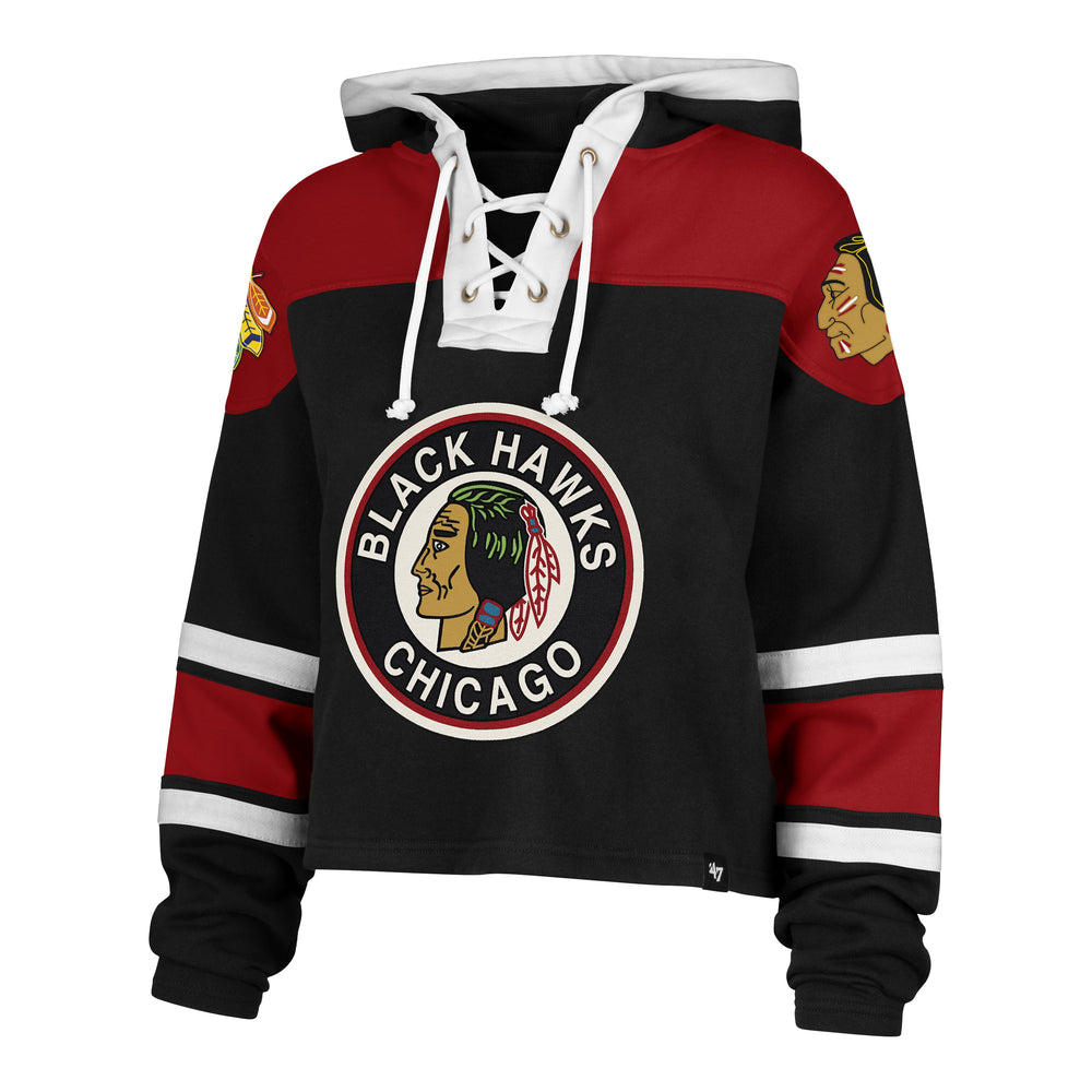 CHICAGO BLACKHAWKS VINTAGE CROPPED SUPERIOR '47 LACER HOOD WOMENS JET BLACK