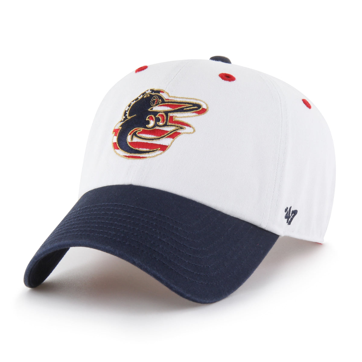 BALTIMORE ORIOLES PATRIOTIC FLAG FILL '47 CLEANUP WHITE