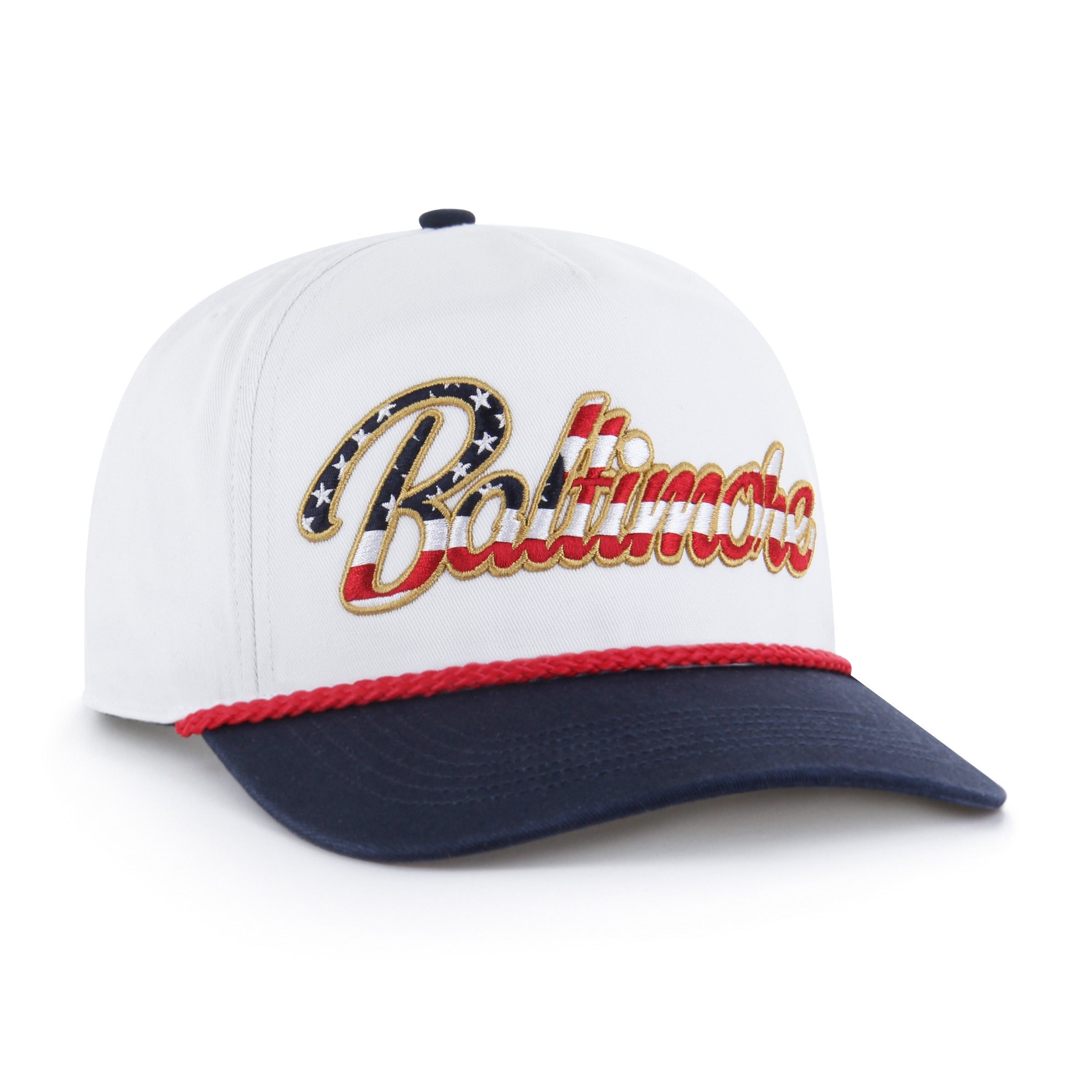 BALTIMORE ORIOLES PATRIOTIC OVERHAND '47 HITCH WHITE