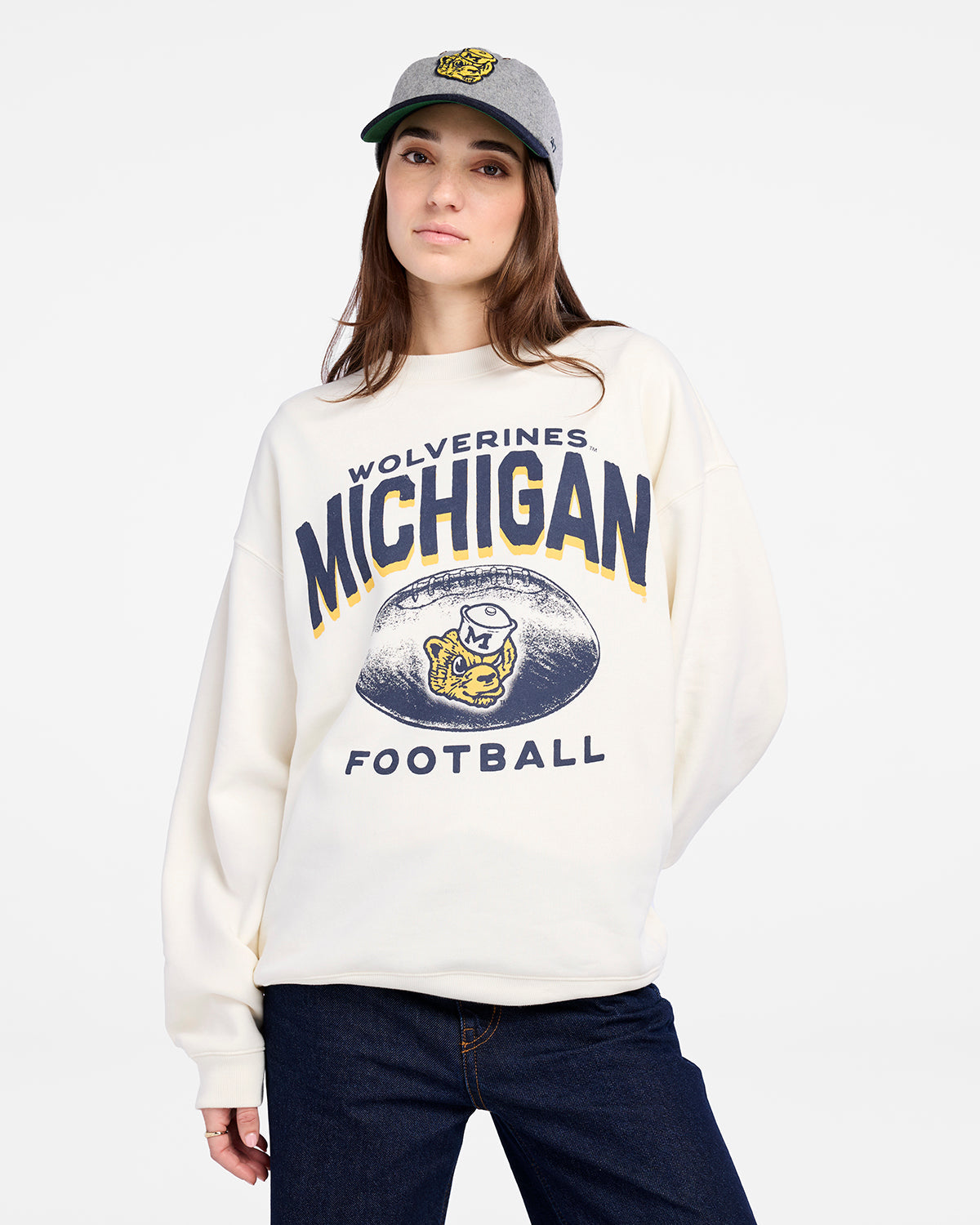 MICHIGAN WOLVERINES VINTAGE ARCH CLOUD '47 OVERSIZED CREW WOMENS SANDSTONE