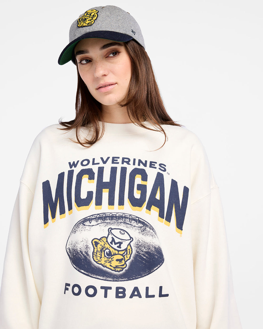 MICHIGAN WOLVERINES VINTAGE ARCH CLOUD '47 OVERSIZED CREW WOMENS SANDSTONE