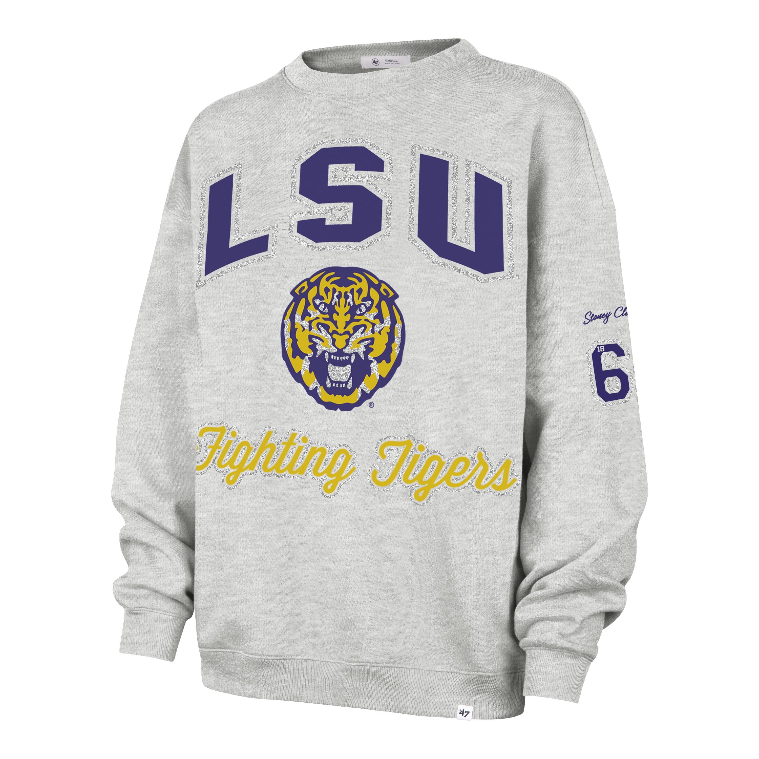 LOUISIANA STATE TIGERS LSU STONEY CLOVER LANE X '47 OVERSIZED GLITTER ARCH CREW WOMENS RELAY GREY