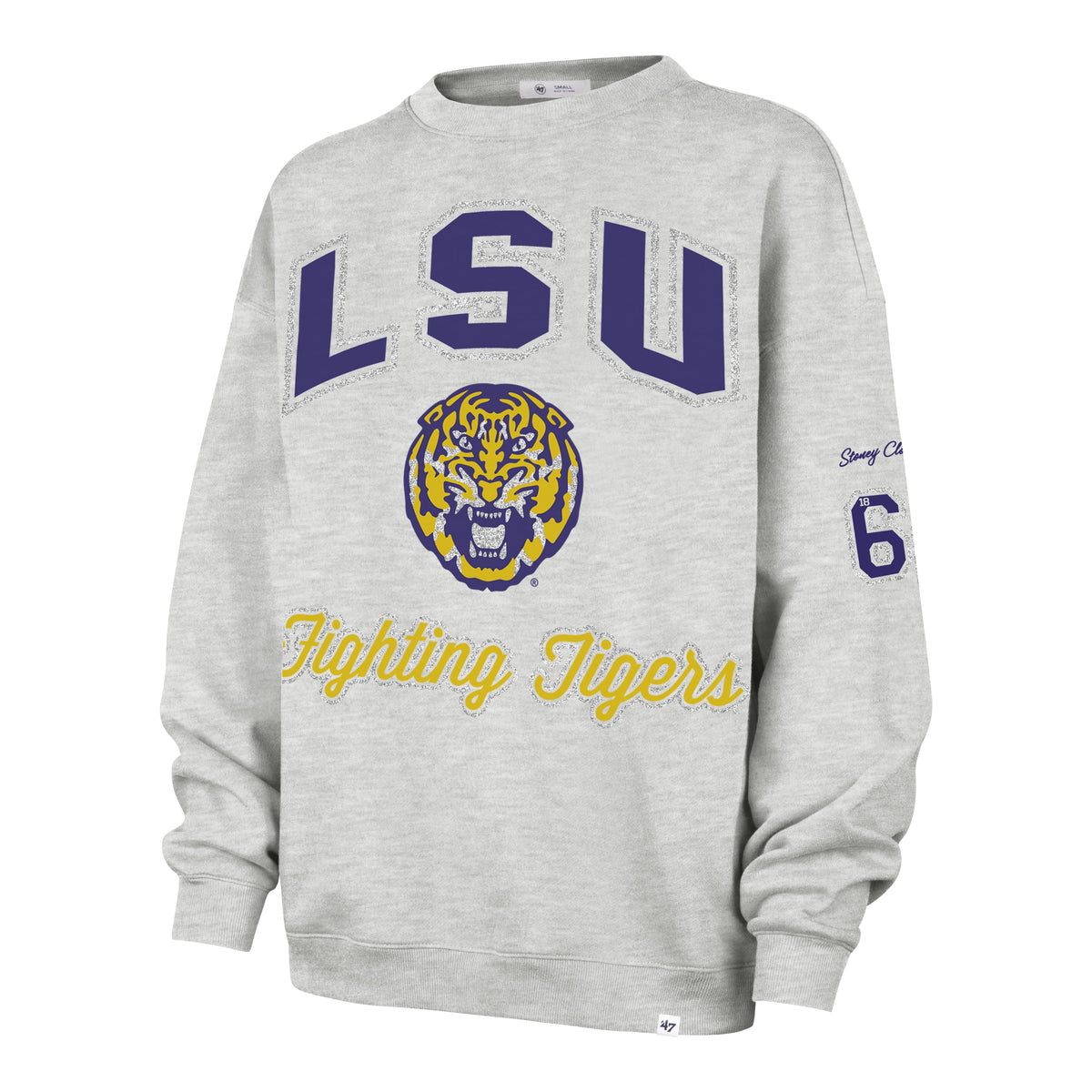 LOUISIANA STATE TIGERS LSU STONEY CLOVER LANE X '47 OVERSIZED GLITTER ARCH CREW WOMENS RELAY GREY