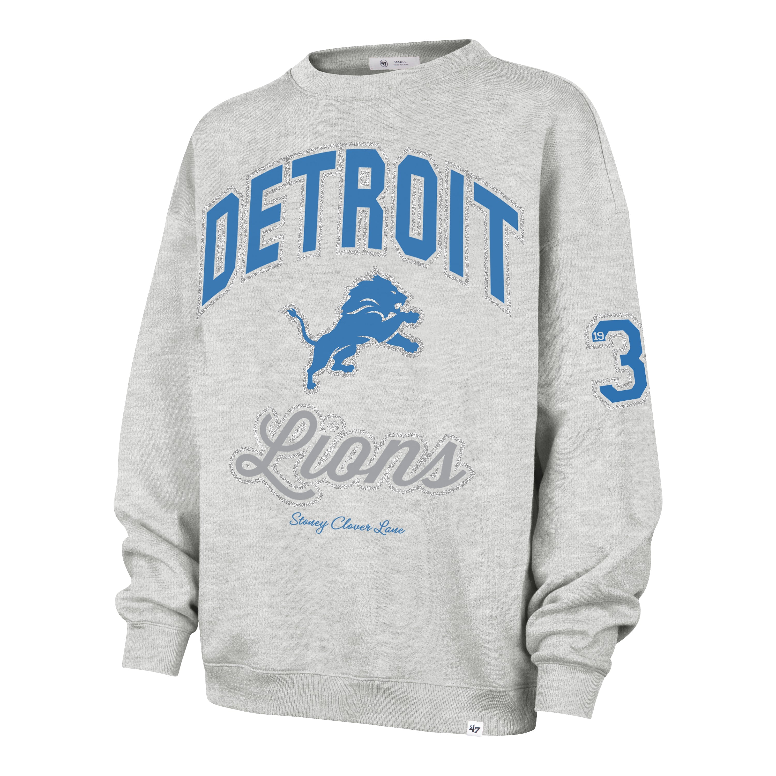 DETROIT LIONS STONEY CLOVER LANE X '47 OVERSIZED GLITTER ARCH CREW WOMENS RELAY GREY