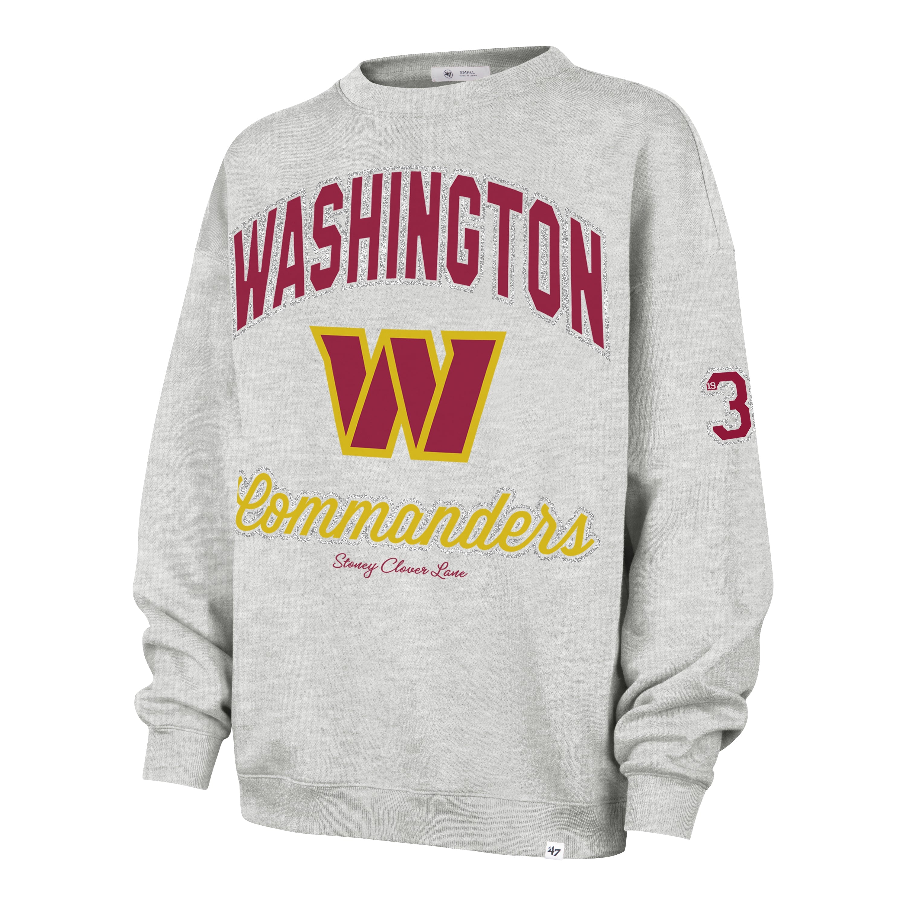 WASHINGTON COMMANDERS STONEY CLOVER LANE X '47 OVERSIZED GLITTER ARCH CREW WOMENS RELAY GREY