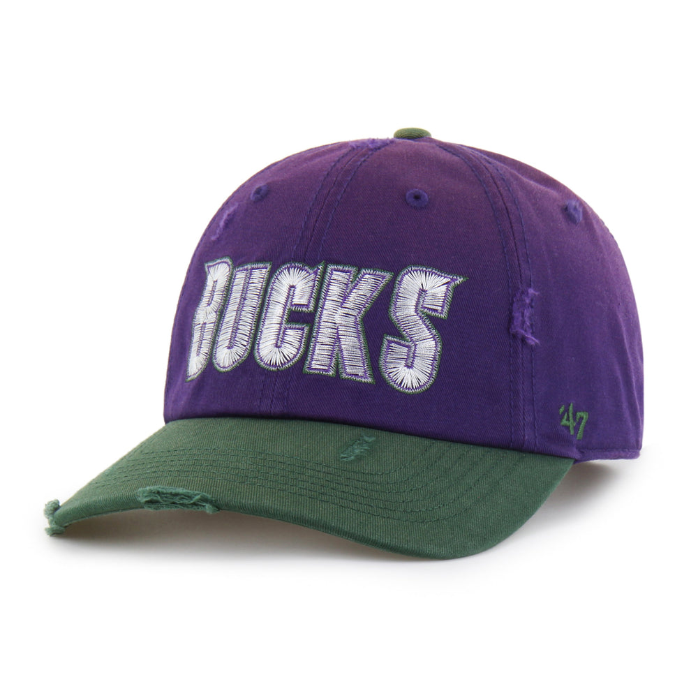 MILWAUKEE BUCKS HARDWOOD CLASSICS WORN SCRIPT '47 CLEAN UP MF MID FIT PURPLE