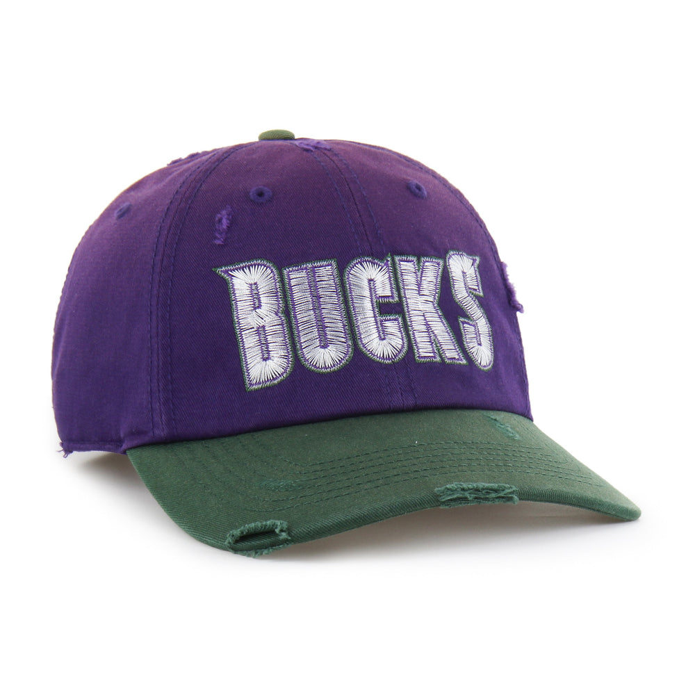 MILWAUKEE BUCKS HARDWOOD CLASSICS WORN SCRIPT '47 CLEAN UP MF MID FIT PURPLE