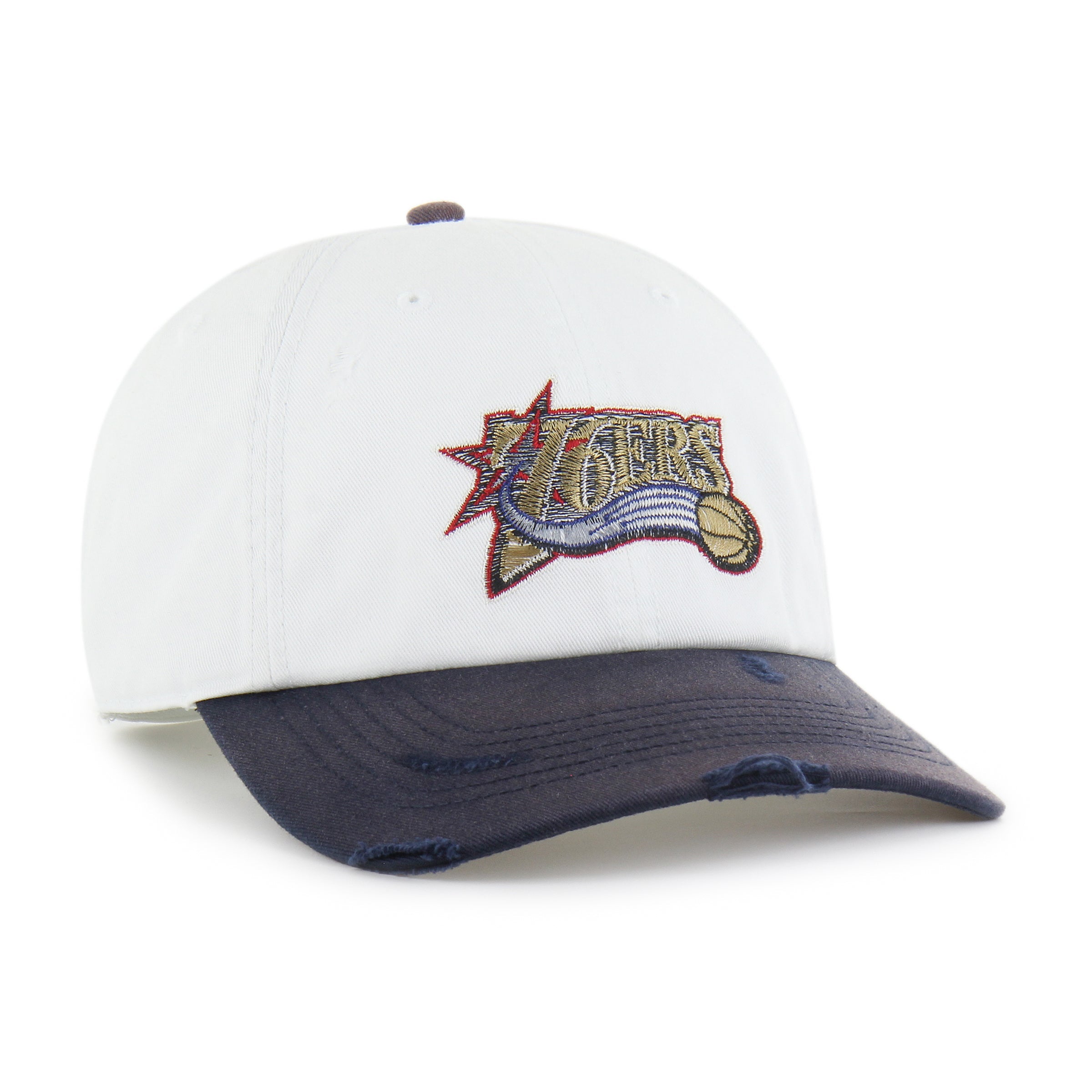 PHILADELPHIA 76ERS HARDWOOD CLASSICS WORN SCRIPT '47 CLEAN UP MF MID FIT WHITE