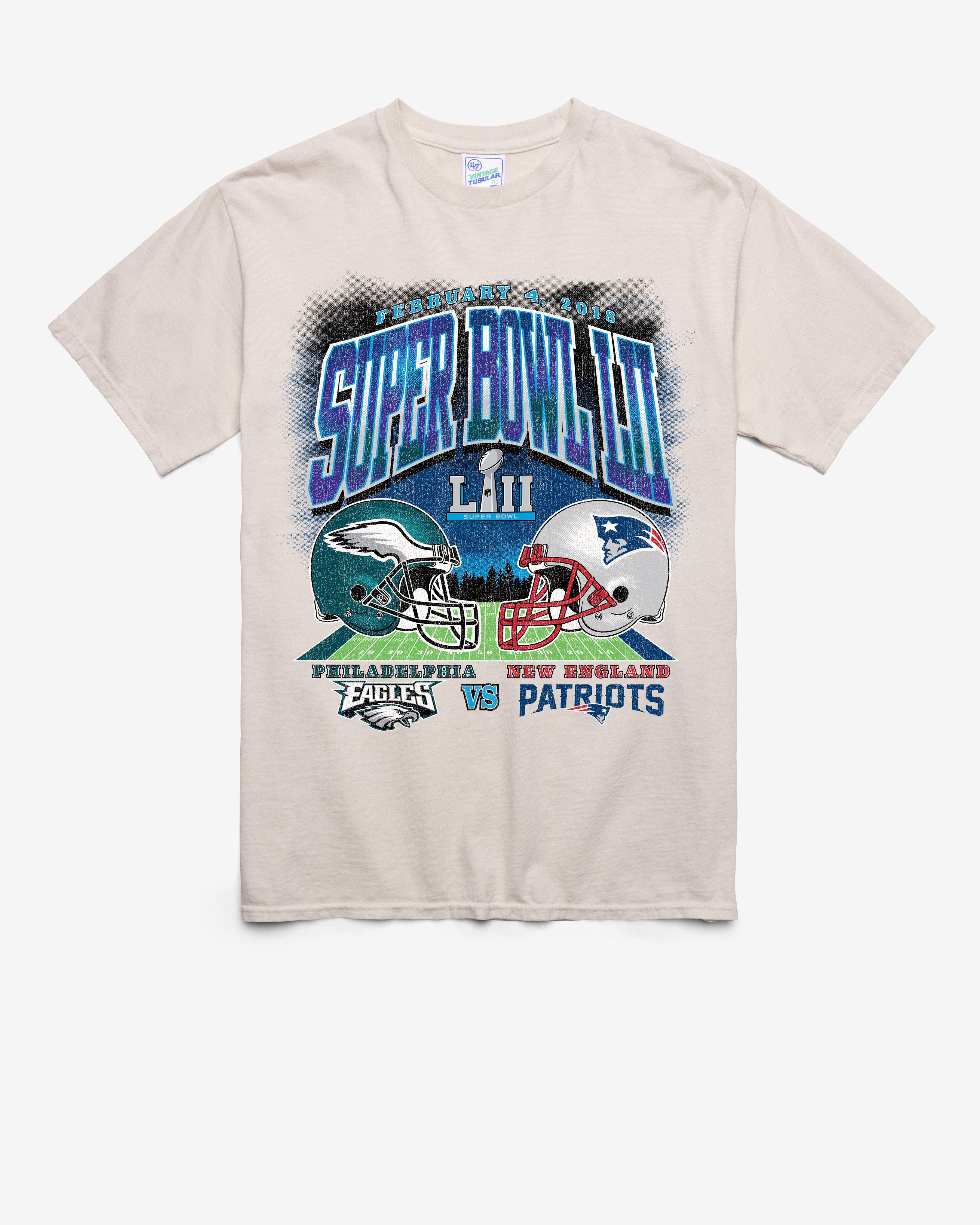 PHILADELPHIA EAGLES X NEW ENGLAND PATRIOTS SUPER BOWL GRIDIRON DUELING '47 TUBULAR TEE DUNE