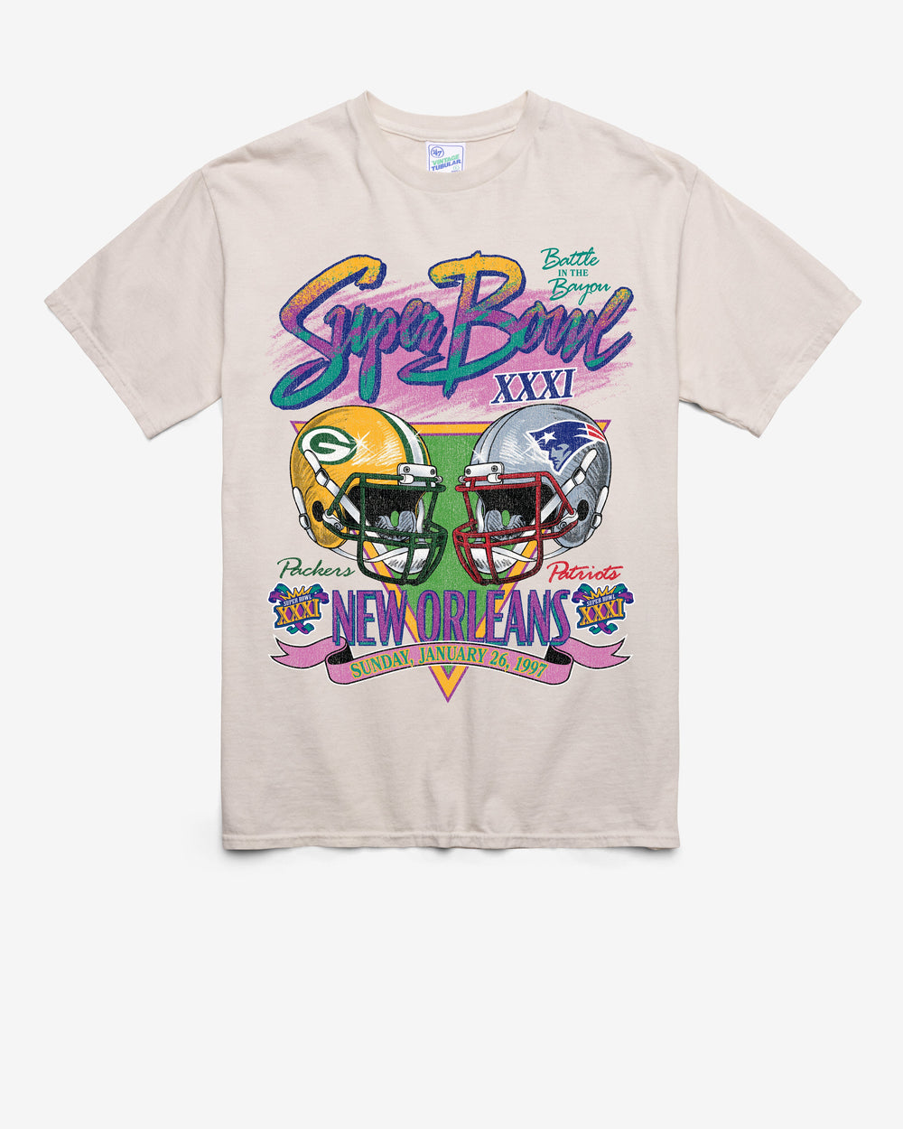 GREEN BAY PACKERS X NEW ENGLAND PATRIOTS SUPER BOWL GRIDIRON DUELING '47 TUBULAR TEE DUNE