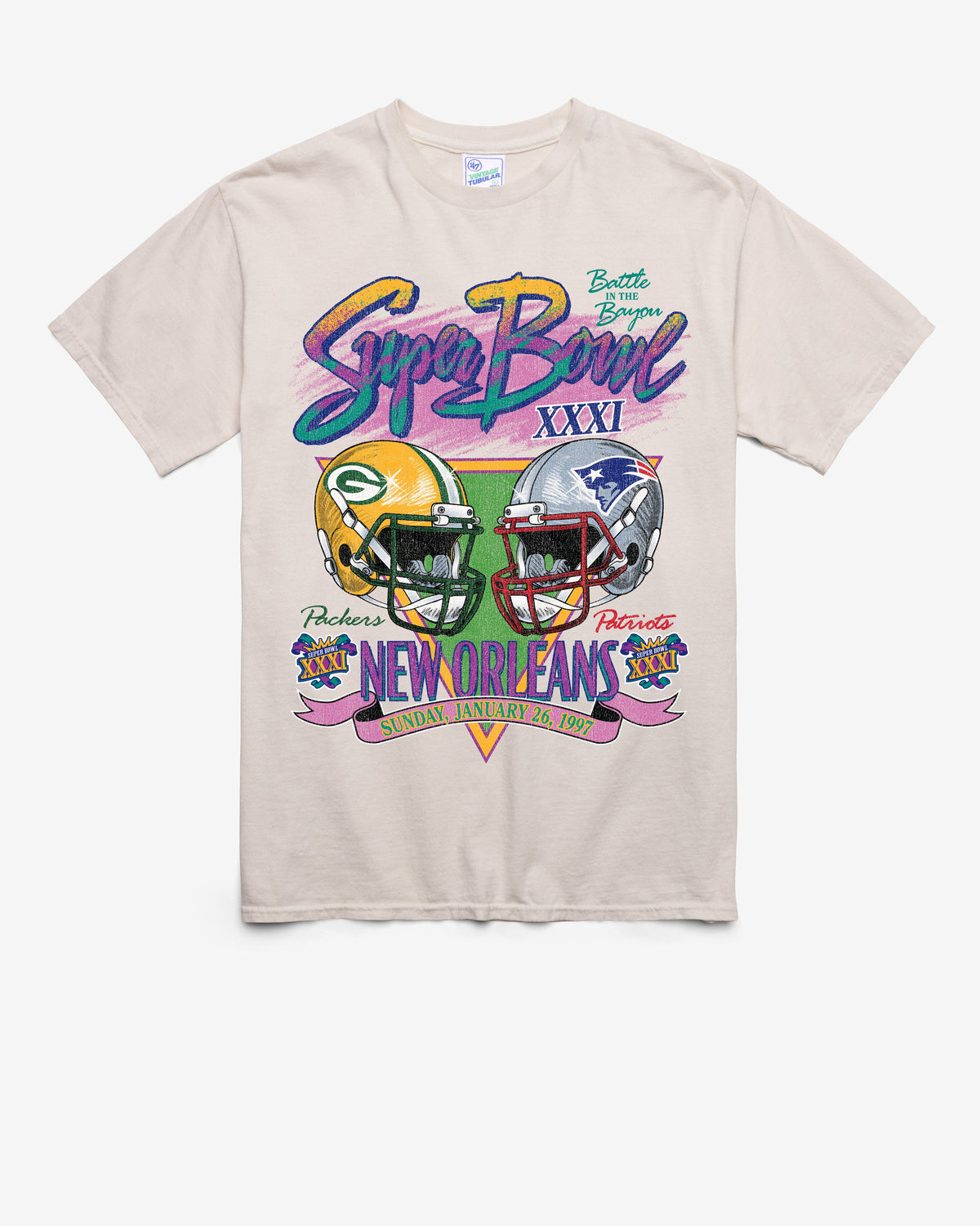 GREEN BAY PACKERS X NEW ENGLAND PATRIOTS SUPER BOWL GRIDIRON DUELING '47 TUBULAR TEE DUNE